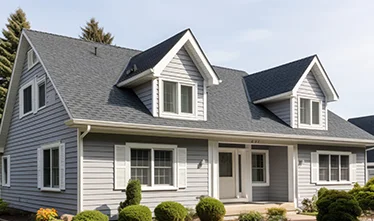 Blue house with a dark shingle roof after a storm season